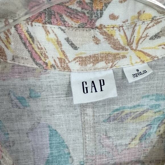 GAP Linen Jumpsuit Womens 8 Beige Tropical Floral Button Front Collared Belted - Picture 4 of 8